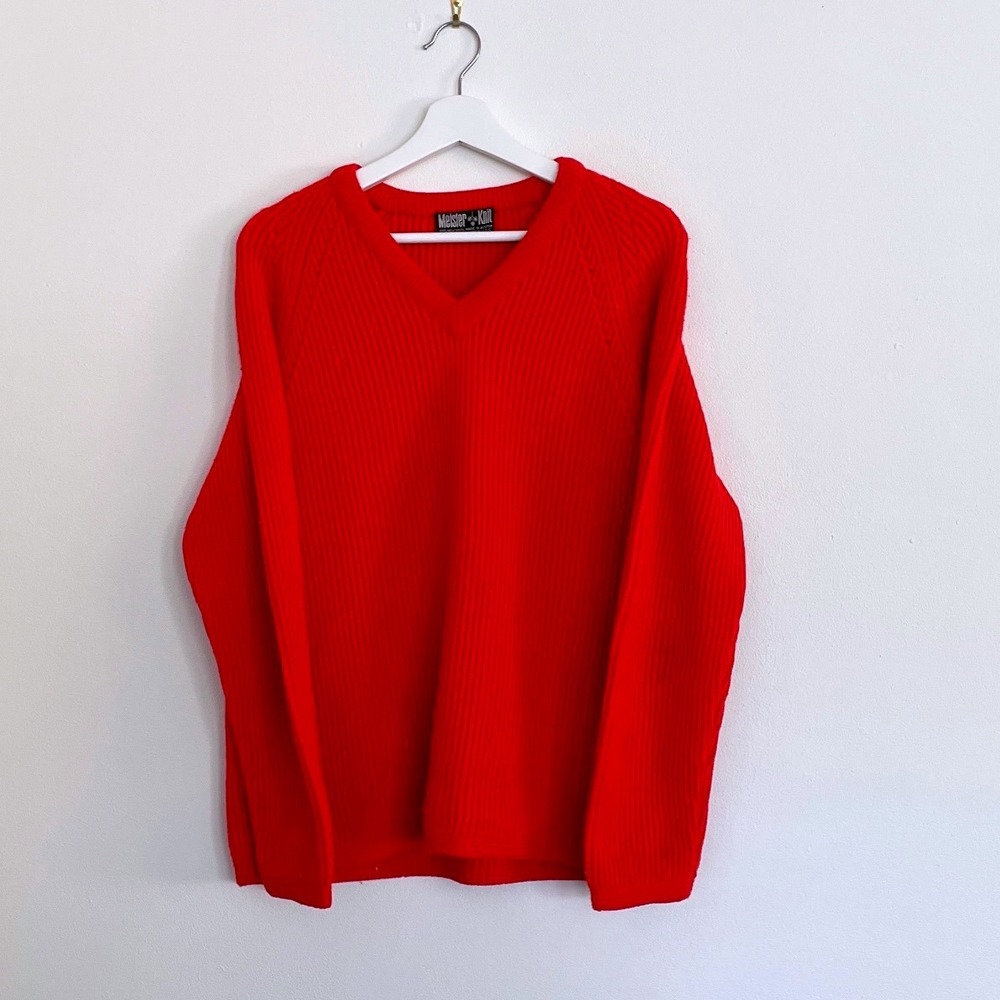 Vintage Meister Knit Red V Neck Ribbed Sweater‎ 100% New Wool Made in Austria